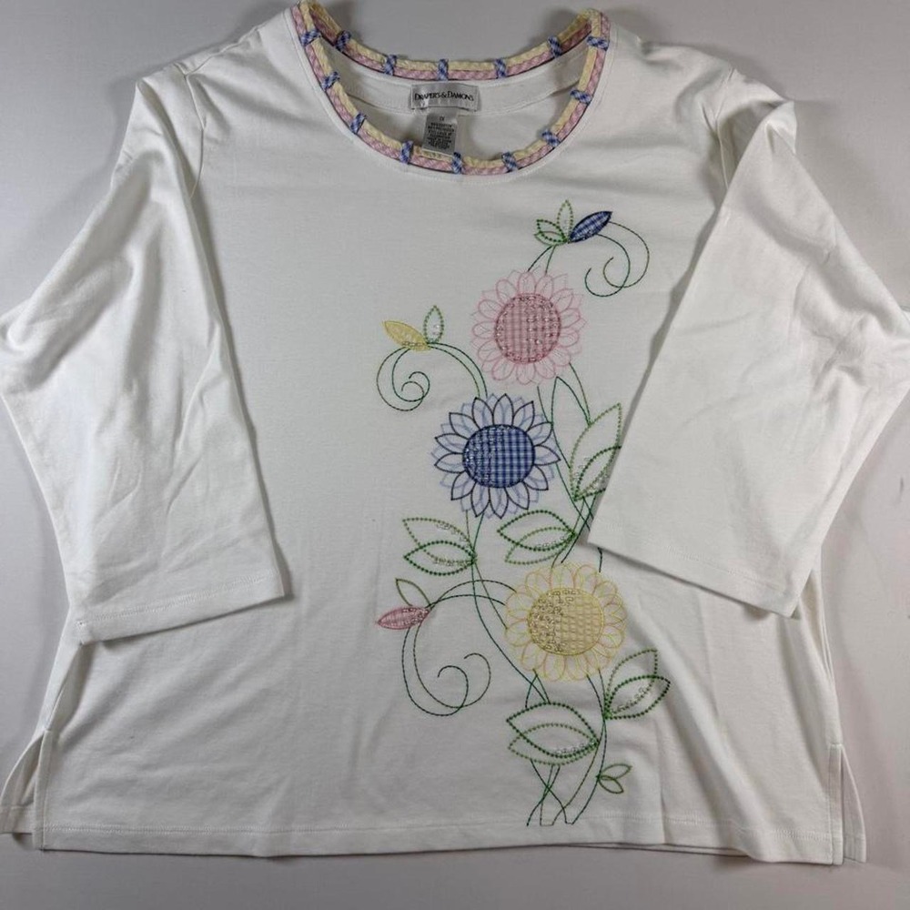 Draper & Damon women blouse size 1X White Floral embroidered Grandmacore church